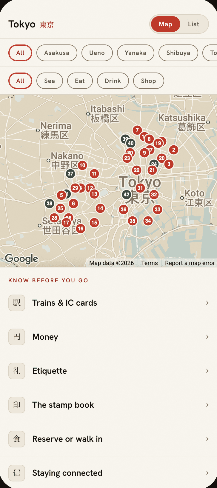 The Tokyo field guide on a phone: a map of numbered pins above vetted place cards